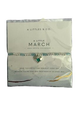 A Littles & Co March Birthstone Bracelet Aqua Crystal Silver Beaded Charm Gift